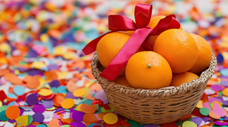 A close-up of vibrant oranges in a small rattan basket, tied with a red ribbon and surrounded by festive confettiの素材