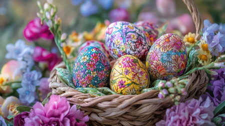 A close-up of colorful Easter eggs decorated with intricate floral patterns, placed in a woven basket surrounded by spring flowersの素材