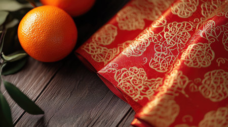 A close-up of festive red envelopes with intricate gold patterns, placed next to oranges and symbolic Chinese knotsの素材