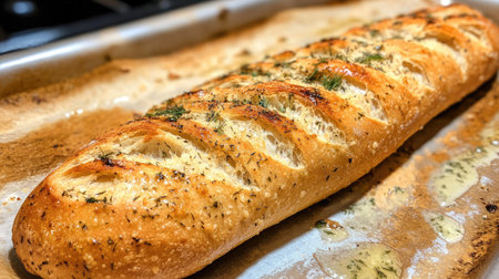 A crispy baguette brushed with herb-infused butter, sprinkled with garlic, rosemary, and dill, ready to be servedの素材