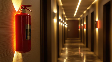 A corridor view with a red fire extinguisher mounted on the wall and emergency lighting illuminating the areaの素材