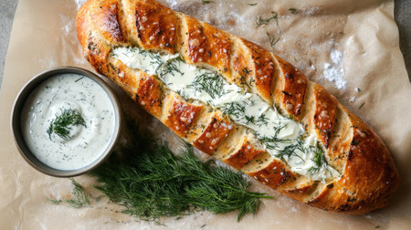 A crispy baguette brushed with garlic herb butter, sprinkled with dill and rosemary, displayed with a bowl of dipping sauceの素材
