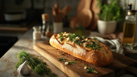 A cozy kitchen scene featuring a baguette topped with garlic, dill, and rosemary, fresh from the oven and ready to serveの素材