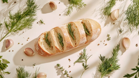 A flat lay of a baguette sliced and garnished with garlic, rosemary, and dill, surrounded by fresh herbs and garlic clovesの素材