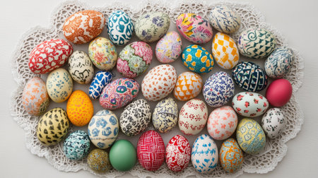 A colorful mix of Easter eggs decorated with fabric patterns displayed on a vintage-style lace doilyの素材
