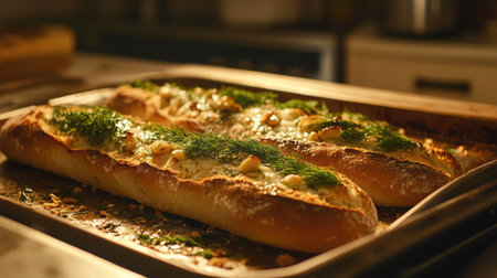 A cozy kitchen scene featuring a baguette topped with garlic, dill, and rosemary, fresh from the oven and ready to serveの素材