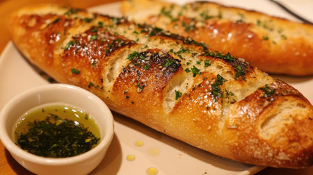 A close-up shot of a crispy baguette, its crust sprinkled with garlic and herbs, with a side of dipping oilの素材