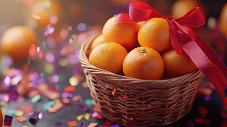 A close-up of vibrant oranges in a small rattan basket, tied with a red ribbon and surrounded by festive confettiの素材