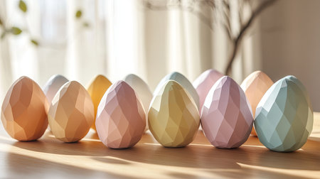 A collection of pastel Easter eggs with geometric designs arranged on a wooden table with soft sunlight streaming inの素材