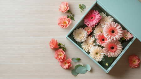 A creative flat lay of a gift box with a lid slightly open, revealing fresh gerbera and carnation blooms inside, on a light wooden tableの素材
