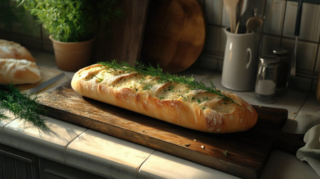 A cozy kitchen scene featuring a baguette topped with garlic, dill, and rosemary, fresh from the oven and ready to serveの素材