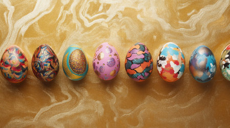 A collection of hand-decorated Easter eggs with glittery accents and fun patterns arranged on a shimmering gold backgroundの素材