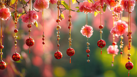 A close-up of vibrant peach blossoms with hanging red and gold ornaments, symbolizing luck and prosperityの素材
