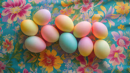 A festive Easter display featuring eggs with rainbow gradients arranged on a bright, patterned tableclothの素材
