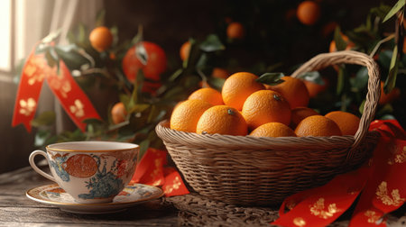 A cozy Chinese New Year scene featuring a rattan basket of oranges, paired with tea cups and festive red bannersの素材