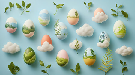 A creative flat lay of Easter eggs painted like miniature landscapes with clouds and greeneryの素材