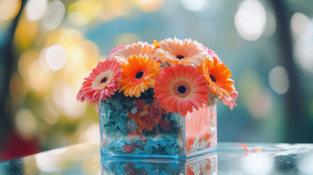 A creative gift box with gerberas and carnations cascading down its sides, placed on a glass table with a soft blurred backgroundの素材