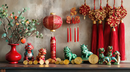 A collection of Chinese New Year decorations, including zodiac-themed figurines, tassels, and golden coins, displayed on a shelfの素材
