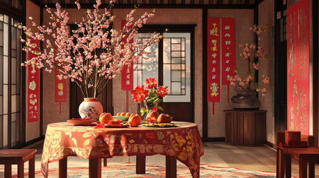 A family celebration scene with peach blossoms on the table, red banners on the walls, and a joyful festive atmosphereの素材