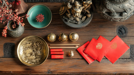 A creative arrangement of Chinese New Year decorations, including golden ingots, red envelopes, and a zodiac statue on a wooden surfaceの素材
