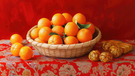A decorative rattan basket of oranges on a bright red tablecloth, with gold ingots and Chinese knots nearbyの素材