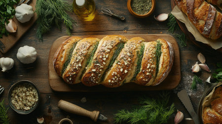 A flat lay of freshly baked baguettes with garlic, rosemary, and dill, surrounded by fresh ingredients and baking toolsの素材