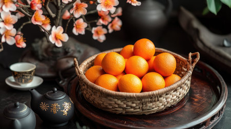 Oranges in a rattan basket placed on a traditional Chinese tray, surrounded by tea sets and fresh flowersの素材