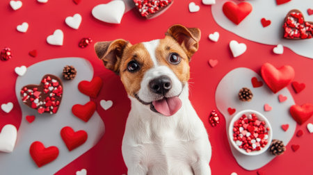 Adorable dog surrounded by Valentine's Day treats and red paper hearts on a festive background.の素材