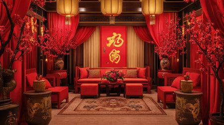 A festive indoor setup with red and gold Chinese New Year decorations, peach blossoms, and traditional symbols of prosperityの素材