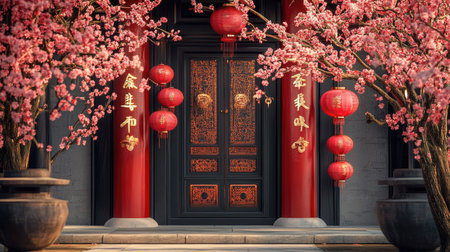 A festive doorway decorated with peach branches and red lanterns, welcoming prosperity and joy for the new yearの素材