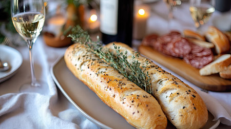 A dinner table setting with garlic and herb baguettes as a centerpiece, paired with wine and a charcuterie boardの素材