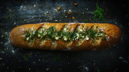 A crispy baguette brushed with herb-infused butter, sprinkled with garlic, rosemary, and dill, ready to be servedの素材