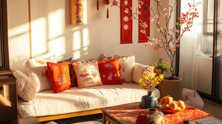 A cozy living room setup for Chinese New Year featuring peach blossoms, festive banners, and traditional paper cuttingsの素材