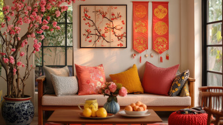 A cozy living room setup for Chinese New Year featuring peach blossoms, festive banners, and traditional paper cuttingsの素材