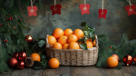 A creative display of oranges in a rattan basket with hanging red envelopes and festive ornaments in the backgroundの素材