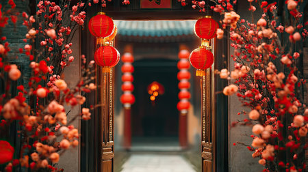 A festive doorway decorated with peach branches and red lanterns, welcoming prosperity and joy for the new yearの素材