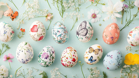 A flat lay of Easter eggs featuring delicate butterfly and floral patterns, arranged on a spring meadow-themed backgroundの素材