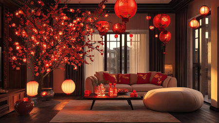 A festive living room decorated with peach branches, lanterns, and a Chinese New Year tree adorned with red envelopesの素材