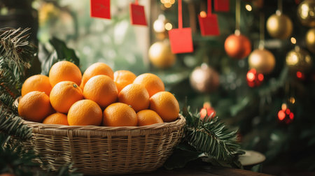 A creative display of oranges in a rattan basket with hanging red envelopes and festive ornaments in the backgroundの素材