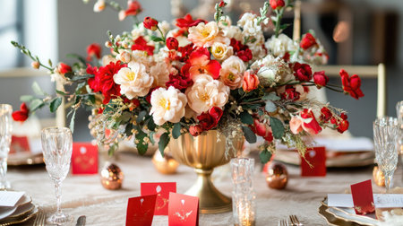 A festive centerpiece with peach blossoms in a golden vase, paired with red envelopes and miniature dragon decorationsの素材