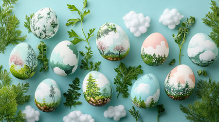 A creative flat lay of Easter eggs painted like miniature landscapes with clouds and greeneryの素材