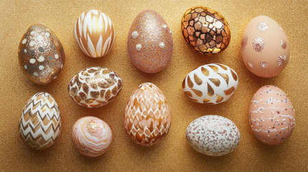 A collection of hand-decorated Easter eggs with glittery accents and fun patterns arranged on a shimmering gold backgroundの素材
