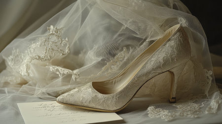 A bride's perfect high heel wedding shoes, styled with a delicate veil and wedding invitation.の素材