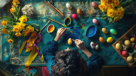 A festive Easter setup with a woman painting eggs, surrounded by colorful ribbons, paints, and fresh daffodils on the tableの素材
