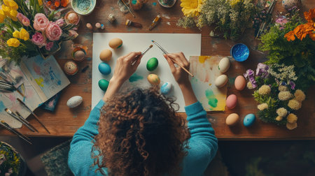 A creative workspace featuring a woman painting Easter eggs with a variety of brushes, paints, and inspiration sketches around herの素材