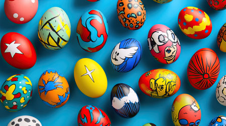 A fun assortment of Easter eggs with comic book-style illustrations placed on a bright, bold backgroundの素材