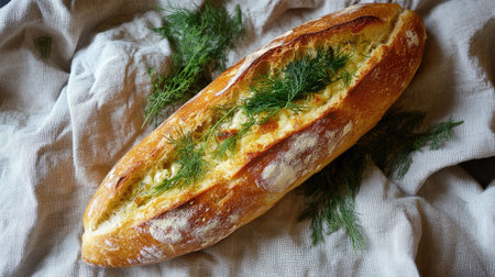 A golden baguette filled with garlic butter and garnished with dill and rosemary, served on a rustic linen clothの素材