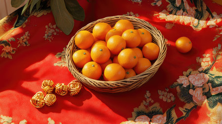 A decorative rattan basket of oranges on a bright red tablecloth, with gold ingots and Chinese knots nearbyの素材