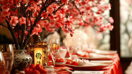 A festive table adorned with peach blossoms in full bloom, paired with lanterns and Chinese calligraphy scrollsの素材