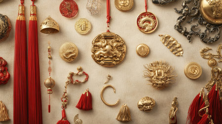 A creative shot of Chinese New Year decorations, including zodiac-themed ornaments, tassels, and gold coins on a neutral backgroundの素材